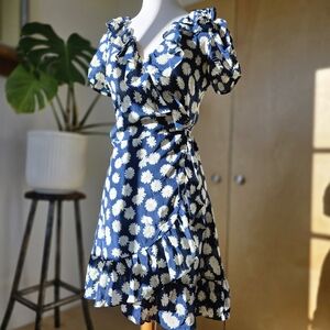 Realisation Par The Valentina Blue Daisy Wrap Dress 100% Silk Small